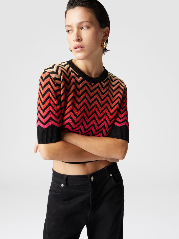 Chevron 3/4 Cropped Sleeve Crewneck Sweater