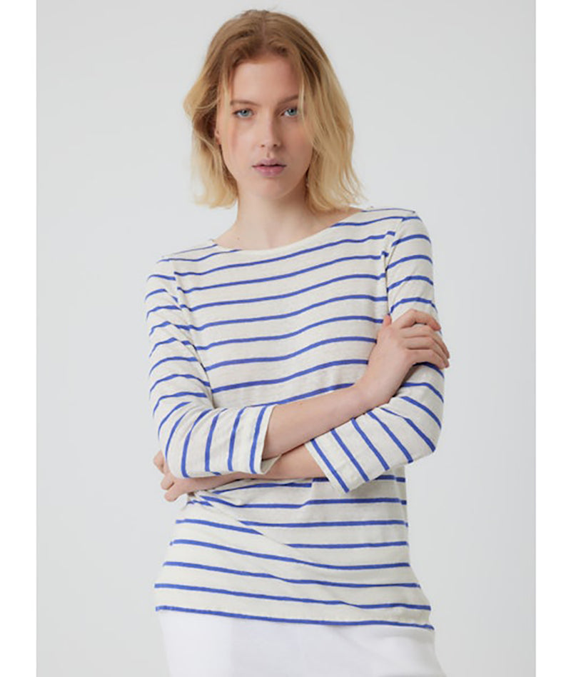 Striped Linen 3/4 Sleeve Top in Blue