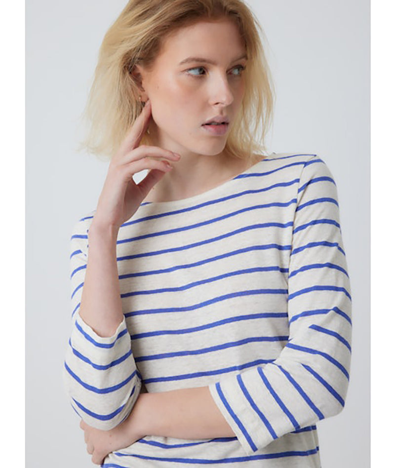 Striped Linen 3/4 Sleeve Top in Blue