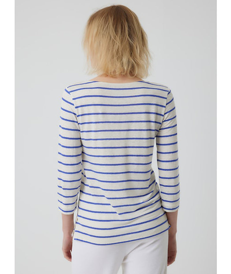 Striped Linen 3/4 Sleeve Top in Blue