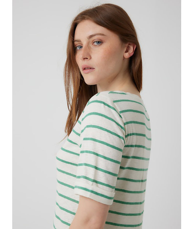 Striped Linen Short Sleeve Tee in Green